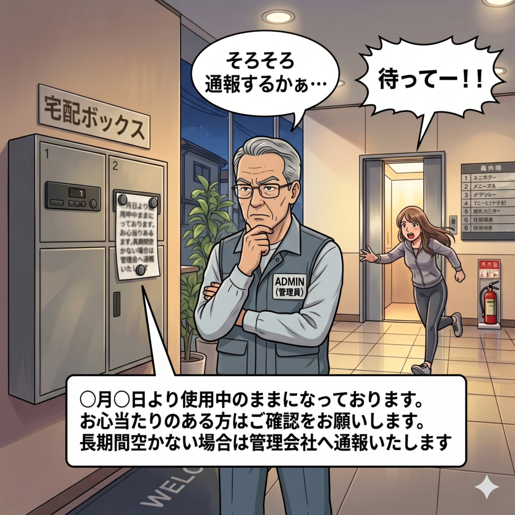 長期間ふさがっている宅配ボックスを管理会社に通報するべきかどうか迷う管理人と、あわてて荷物を回収しにくる女性住人。