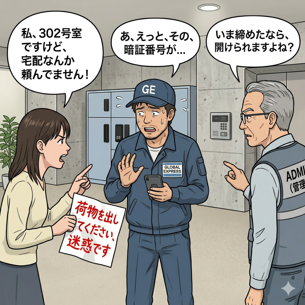 不法な宅配ボックスの占有がバレて問い詰められる配達員
