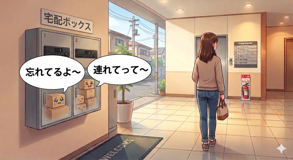 宅配ボックスに自分の荷物が入っていることに気づかず、素通りしてしまう受け取り人
