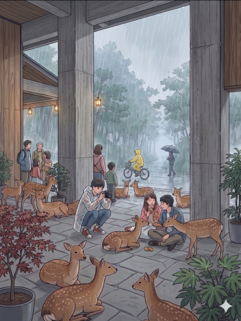シカと人間の雨宿り